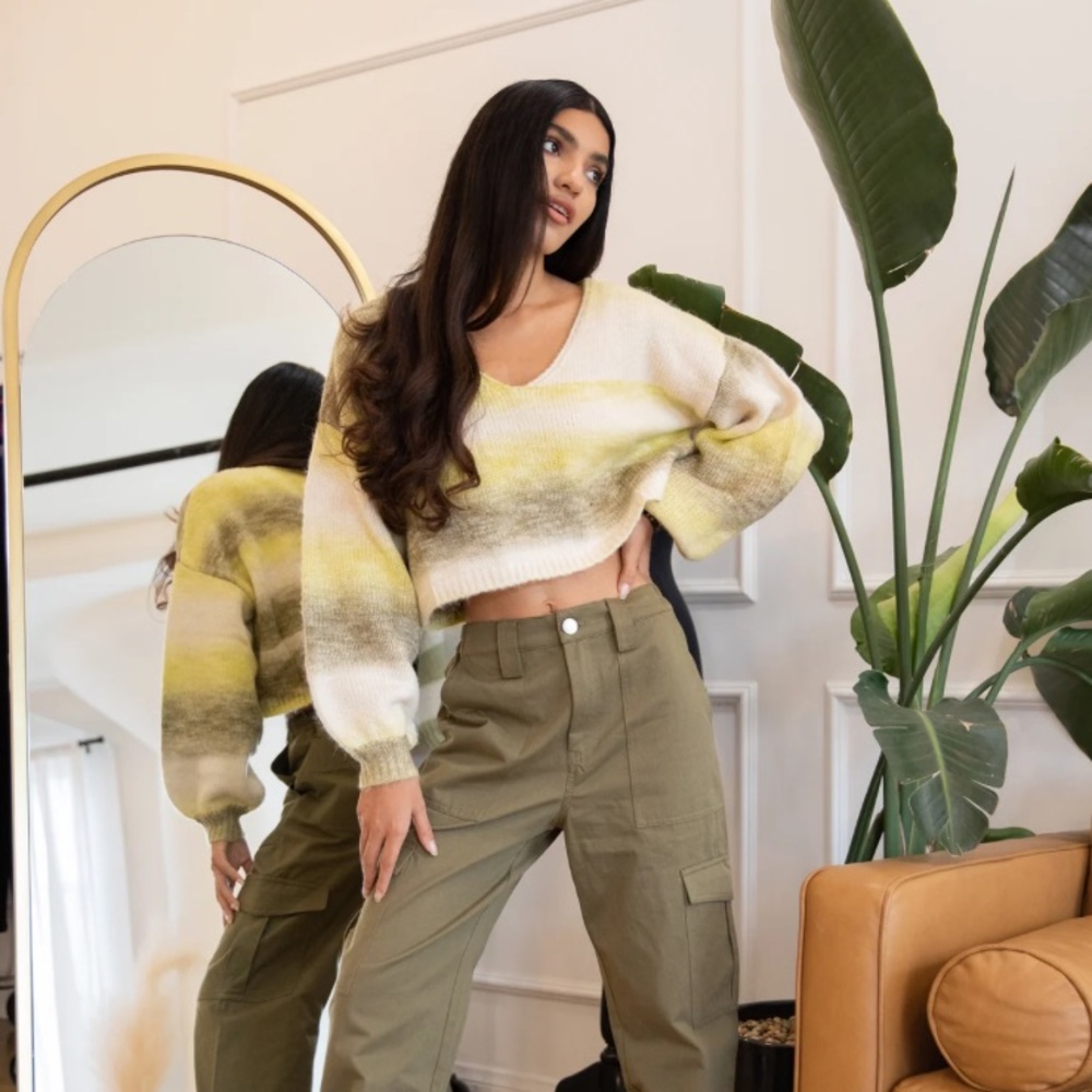 Cream, green and yellow V-Neck cropped Sweater with Ombré Design